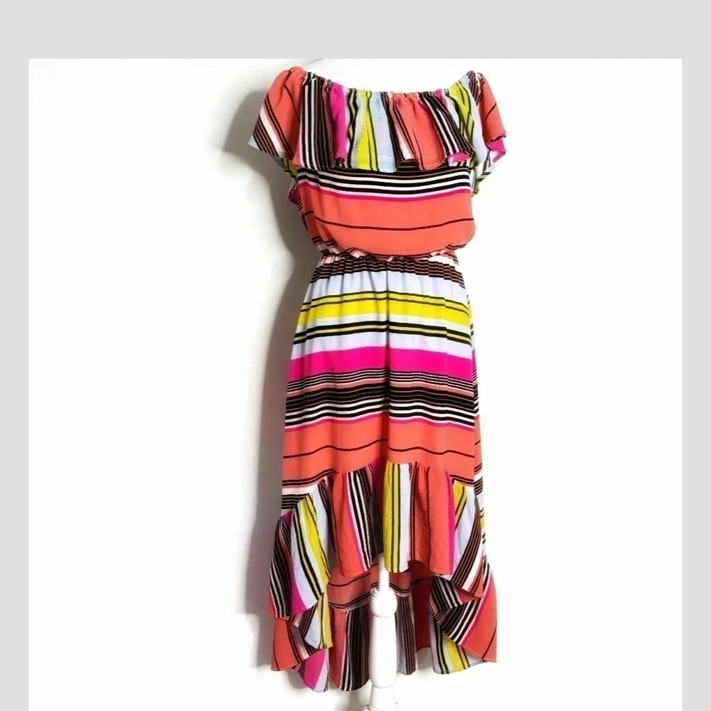 Charles Henry Dress High Low Ruffle Top On/ Off Shoulder Stripe Flounce Bottom
